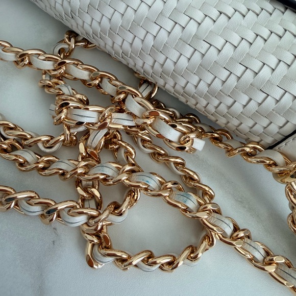 Tory Burch Cream Woven Leather Chain Crossbody Bag
